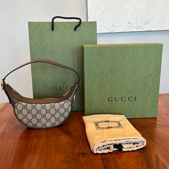 Gucci Handbags - Gucci Beige & Brown GG Mini Crescent Shoulder Bag